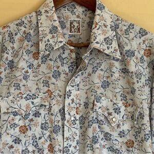 Karman| Vintage Floral Men’s Blue Brown Western Snap-Up Shirt w/Pockets Sz S